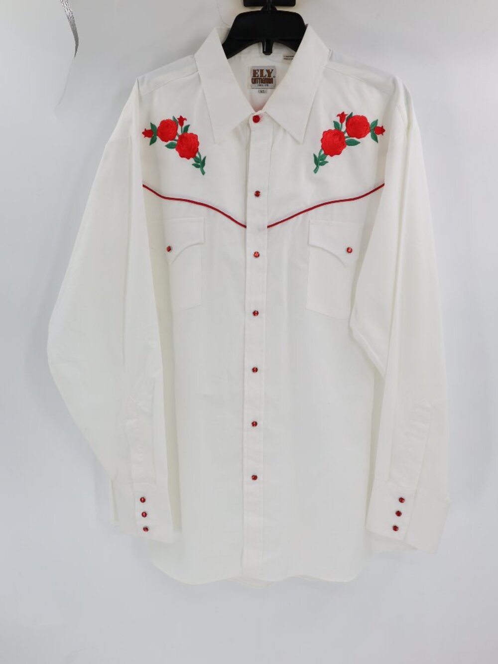 Ely Cattleman Shirt Men XL Rose Embroidered Western pearl Snap Long Sleeve White